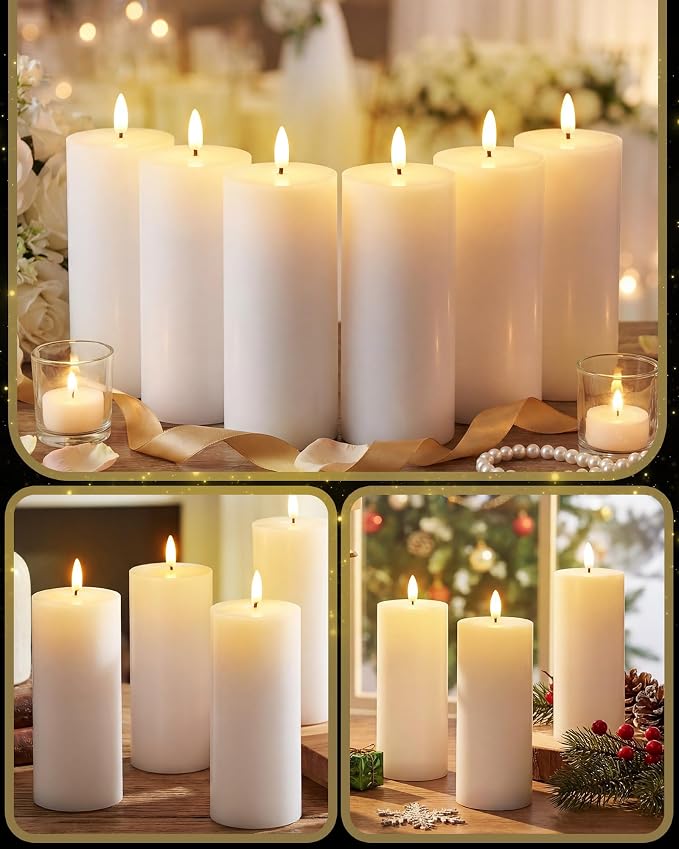 VIHOSE 6 Pack White Flameless Candles Set with Remote and Timer Flickering Flameless Battery Candles LED Pillar Flat Top for Wedding Outdoor Home Festival Decoration(D 3" H 7")