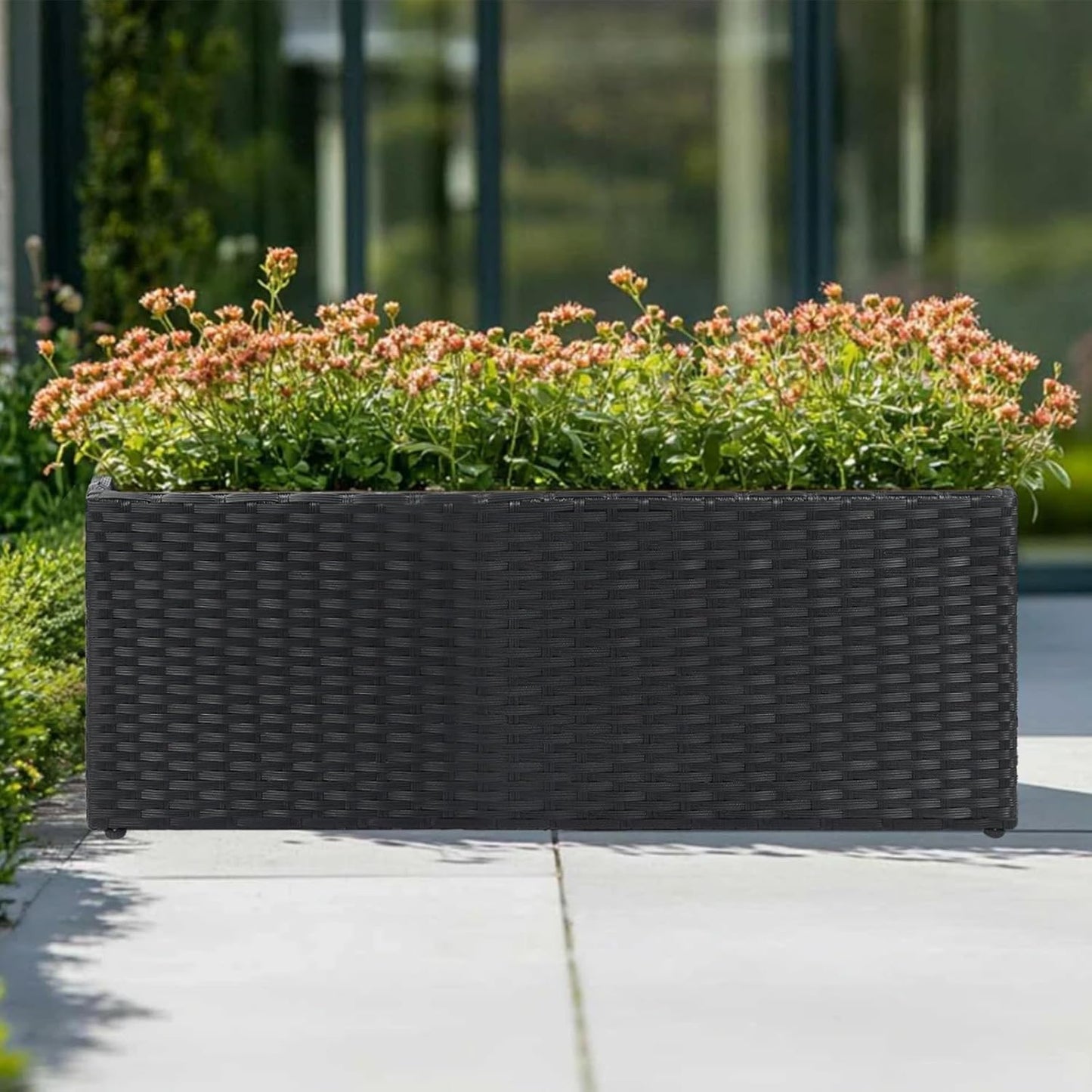 LEWIS&WAYNE Large Rectangular Block Planter Box Handmade Wicker Tall Planters for Outdoor Plants with Removable Liners Modern Planter for Indoor Outdoor Patio Deck - Black, 30''x12''x16''