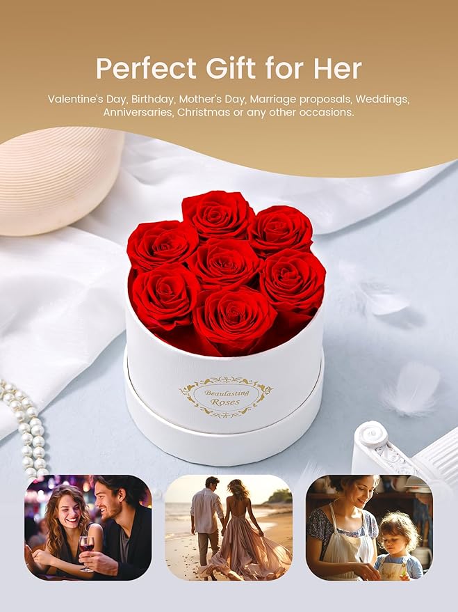 Beaulasting Long Lasting Preserved Roses in a Box Last a Year Forever Flowers for Her Mom Wife Anniversary Birthday (Round White Box)