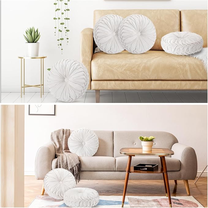 Beeveer 4 Pcs Round Throw Pillows 15 Inch Decorative Velvet Pleated Pumpkin Pillows Boho Floor Pillow with Center Button for Living Room Couch Chair Bed Sofa Home Decoration (Ivory)