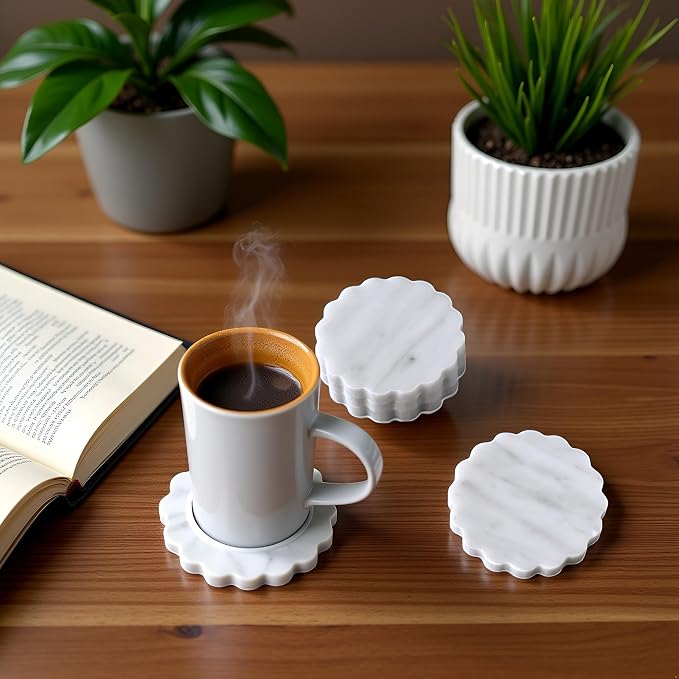 Marble Coasters Set of 4 - Natural Stone Coaster for Drinks, Modern Cup Holders, Bar Coffee Table Desk Decor, Cool Home Decor 4" (Calacatta White, Scalloped Wave)