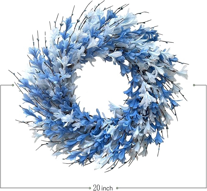 Bibelot 22inch Artificial Forsythia Flower Wreath Spring Summer Fall Wreath Silk Leaves for Front Door Porch Farmhouse Patio Garden Home Decor (Blue)