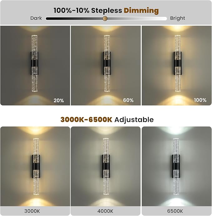 Battery Operated Wall Sconces Set of Two - Wireless Black Sconces with Remote 12000mAh Rechargeable Modern Crystal Wall Lights Cordless Wall Lamps for Bedroom Living Room Bathroom