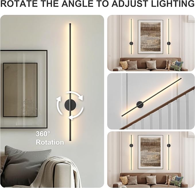 Battery Operated Modern Wall Sconces Set of Two,Rechargeable Wireless Wall Lights with Remote Control,Dimmable,3CCT,Timer,360°Rotation,Cordless Lighting for Bedroom,Living Room,Hallway,Black,39.3 Inch