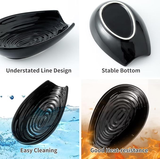 Hasense Spoon Rest for Stove Top, Spoon Holder for Kitchen Counter, Ceramic Cooking Spoon Holder for Ladle Spatula Tong and Spoon, Kitchen Utensil Rest for Home Coffee Bar Farmhouse Decor, Black