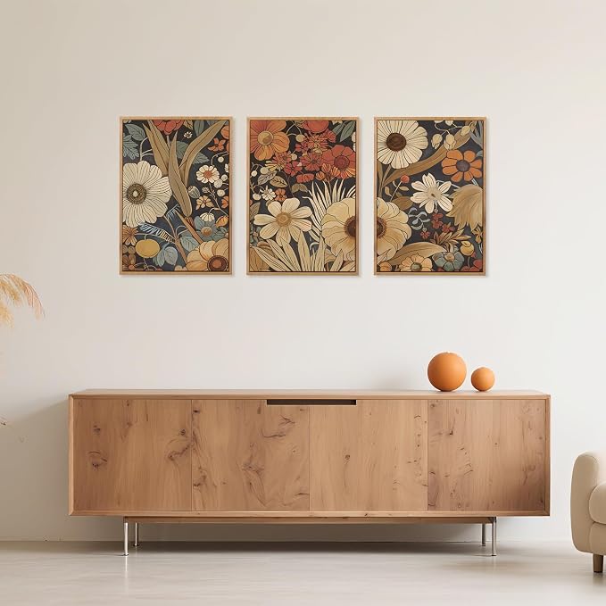 CHDITB Boho Burnt Orange Terracotta Wildflowers Framed Wall Art(12"x16"), 3 PCS Abstract Floral Canvas Artwork, Large Modern Vintage Botanical Nature Art Wall Decor for Home Office Living Room Bedroom