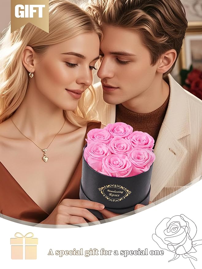 Beaulasting Long Lasting Preserved Roses in a Box Last a Year Forever Flowers for Her Mom Wife Anniversary Birthday (Round Black Box, Light Pink)