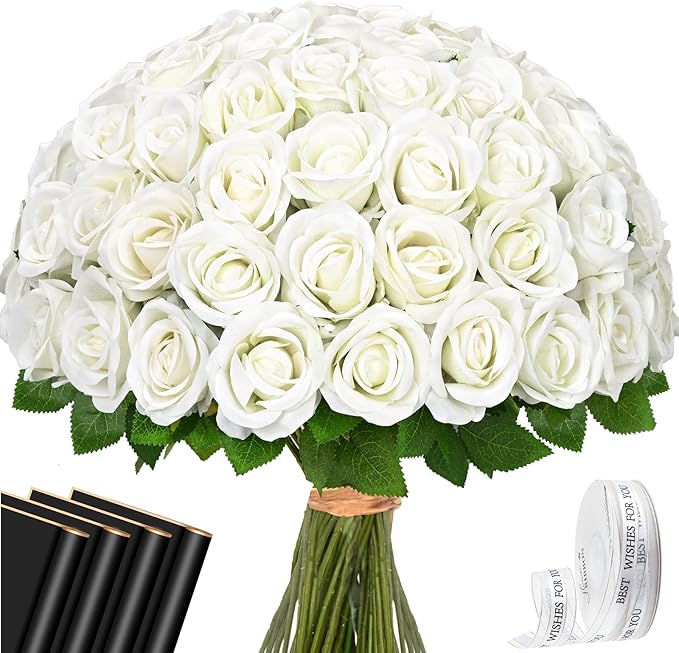 Waipfaru 50 Pcs White Roses Artificial Flowers Bulk, Real Touch Velvet Roses with Wrapping Paper, Fake Flowers for Wedding Centerpieces Bridal Bouquet Valentines Mothers Day Decor