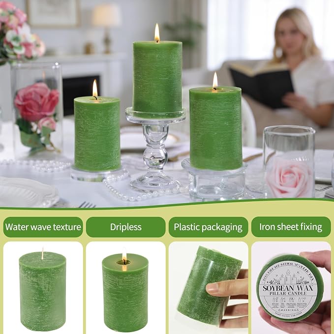 6 Pack Moss Green Soy Pillar Candles, 2.8x4in - 330H Total Burn Time - Rustic Textured Natural Wax - Non-Toxic, Dripless & Smokeless Hand-Poured Candles for Spring Home Decor, Dinner Table, Wedding