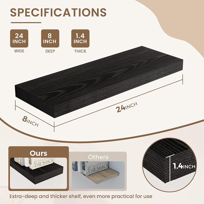 Dreamland 24 Inches Floating Shelves for Wall, 8" Deep Long Floating Shelves Set of 2, Large Display & Storage Shelf, Wall Shelf for Bathroom Bedroom Living Room Kitchen Office, Black