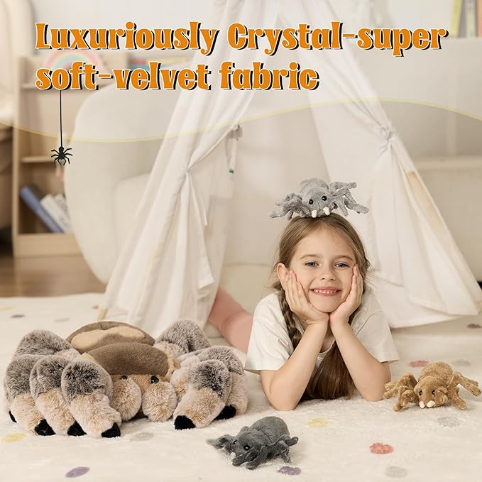 MorisMos 4Pcs Large Spider Plush, 16 Inch Mommy Spider Stuffed Animals with 3 Babies, Soft Cuddly Pillow Plush Gifts for Kids Boys Girls, Brown
