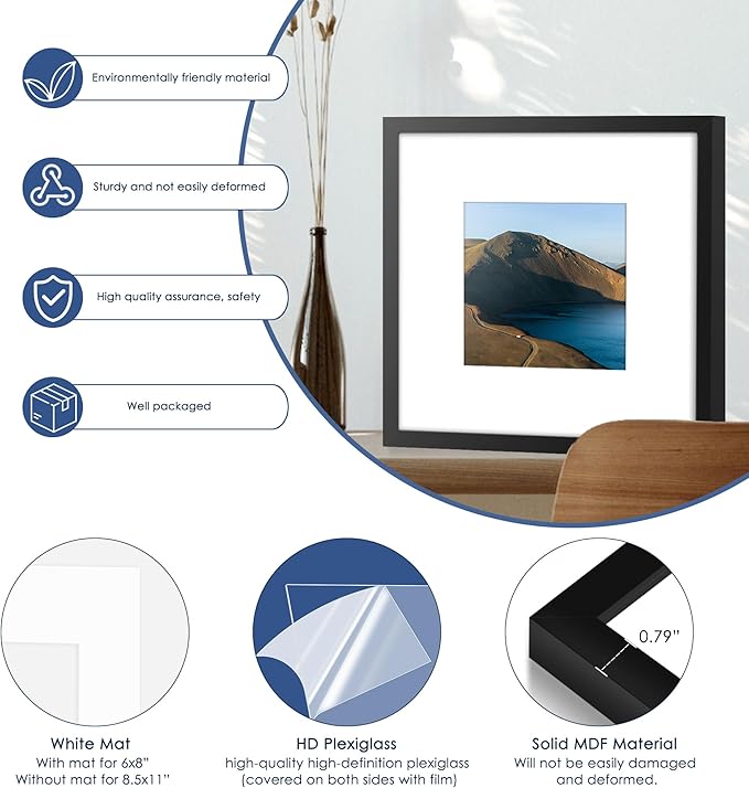 PEALSN 12x12 Picture Frame Set of 6, Display Pictures 8 x 8 with Mat or 12 x 12 without Mat for Wall Mounting Display, Photo Frames Collage for Wall Decor, Black.