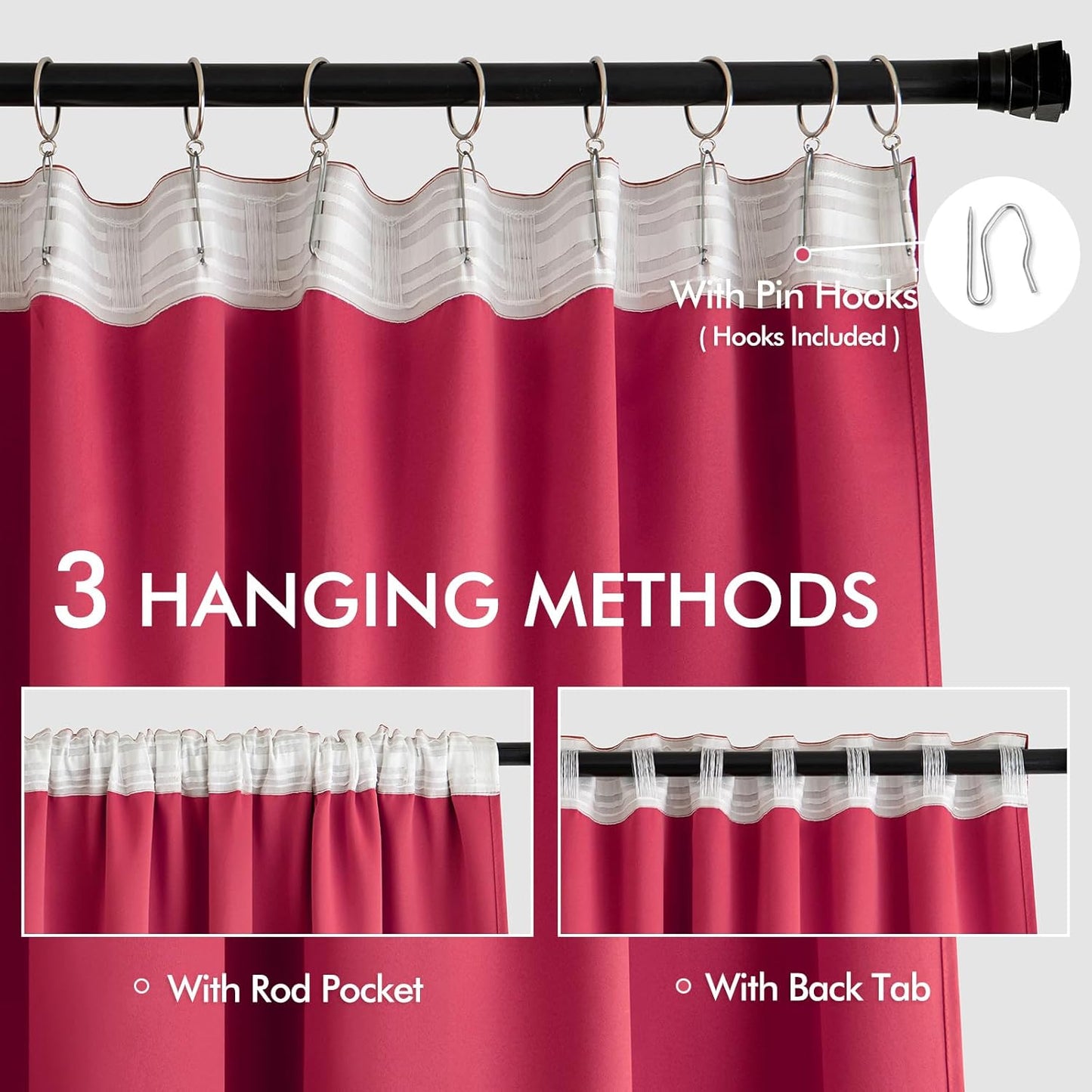 MIULEE Hot Pink Back Tab Blackout Curtains 108 Inch Long 2 Panels Set for Bedroom, Rod Pocket/Pinch Pleat Extra Long Thermal Insulated Living Room Darkening Pleated Light Blocking Drapes