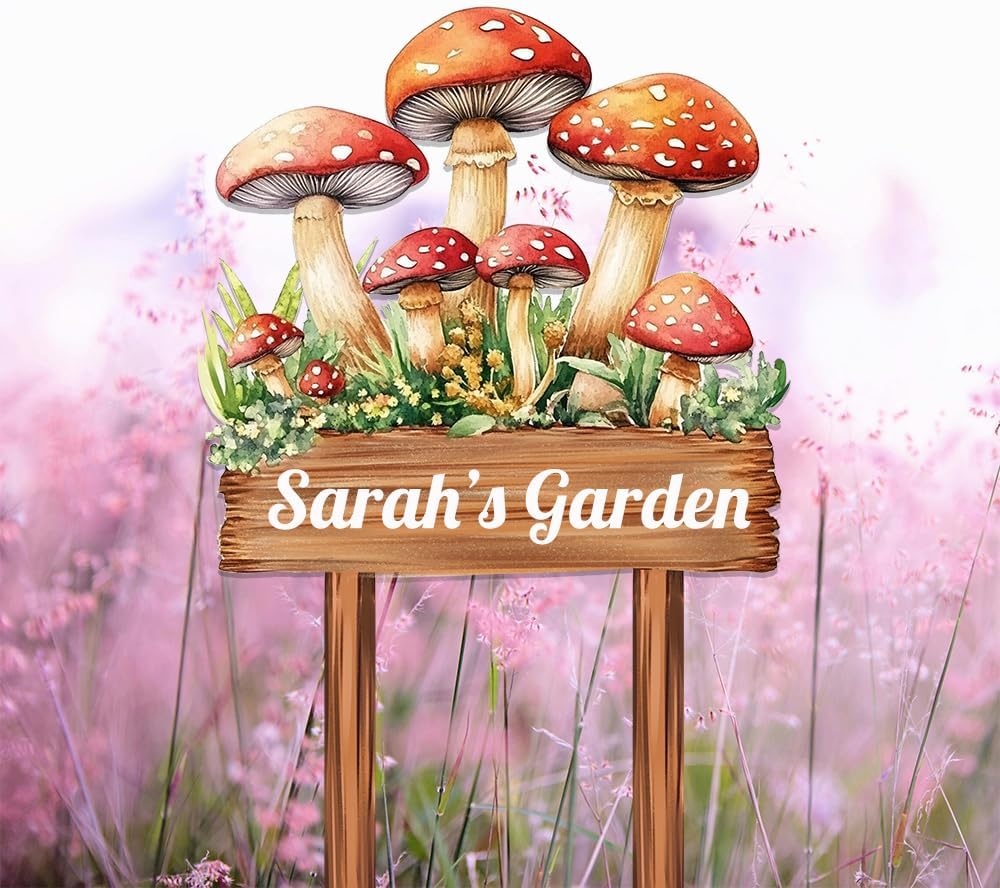 Personalized Mushroom Metal Sign with Stake,Custom Gardener Family Name Signs Outdoor Decor,Customized Flower Gardening Housewarming Gifts,Flowers Plaques for Patio Lawn Porch Backyard Farmhouse