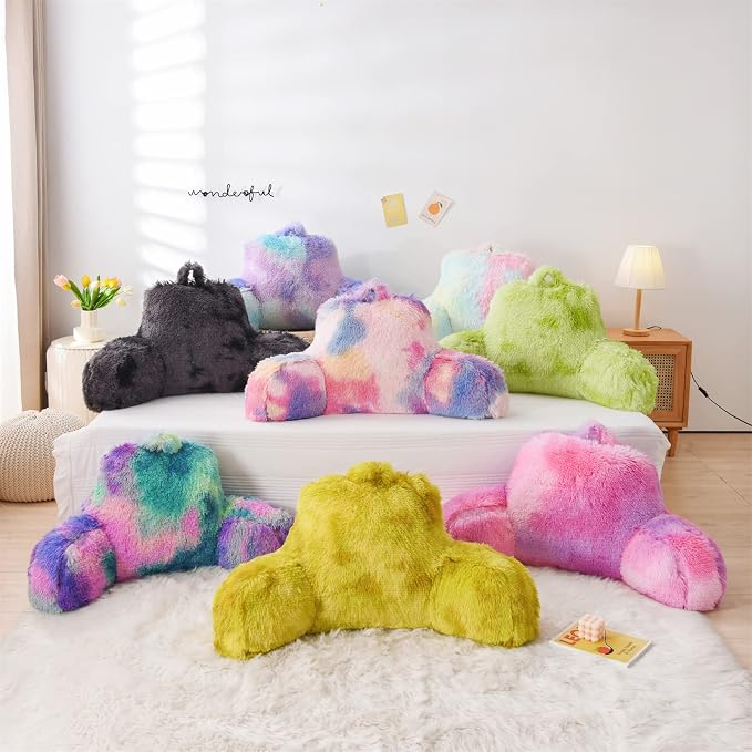 A Nice Night Faux Fur Reading Pillow Bed Wedge Large Adult Children Backrest with Arms Back Support for Sitting Up for Bedrest,PinkPurple