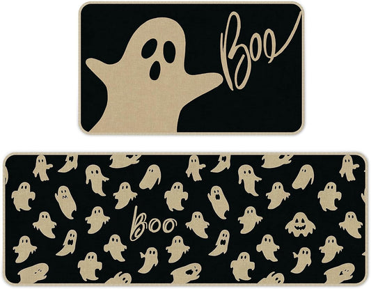 Halloween Kitchen Mat Set of 2, Ghosts Boo Halloween Kitchen Decor, Halloween Rug for Floor, Indoor Spooky Home Decor with Non-Slip Backing,17 x 29 Inch & 17 x 47 Inch
