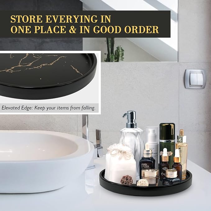 Black Round Marble Bathroom Sink Vanity Tray, Coffee Table Stone Tray, Soap Dish for Kitchen Counter (Black, 8 in)
