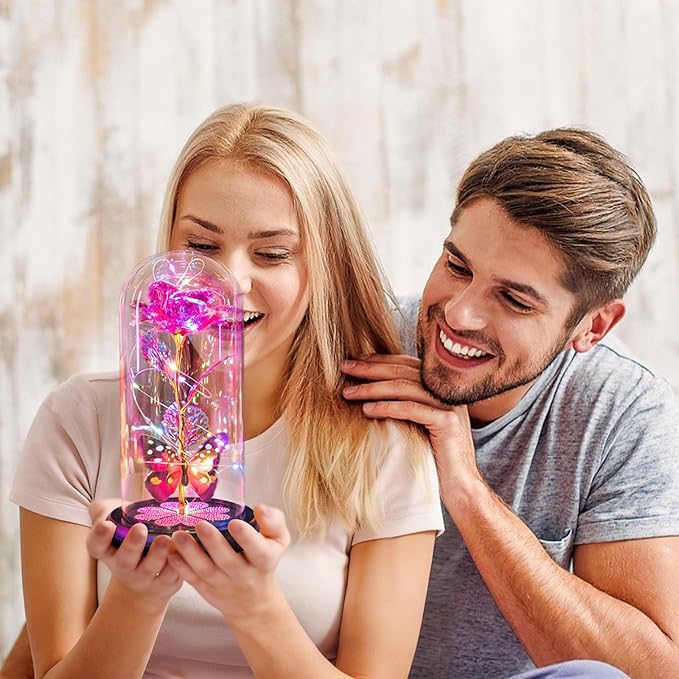 Mothers Day Mom Gifts for Mom Women Birthday Gift Galaxy Glass Rose in Glass Dome Forever Eternal Crystal Flowers with Butterfly Mother's Day Flowers Gifts for Women Wife Grandma Daughter Sister Pink
