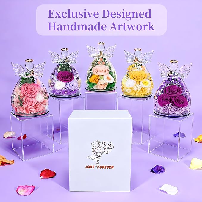 Gifts for Women Preserved Rose Forever Flower Eternal Roses in Glass Angel Figurines Fresh Flowers for Delivery Prime Mothers Day Birthday Gift for Mom Her Wife Grandma on Valentines Day Anniversary