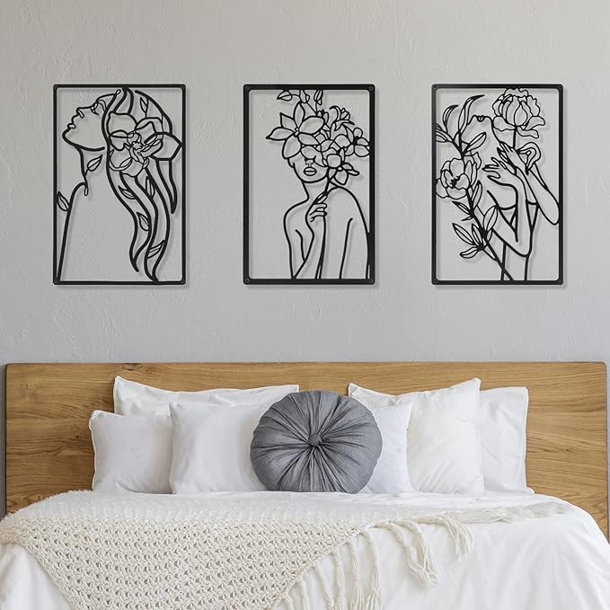 CHENGU 3 Pieces Metal Minimalist Abstract Woman Wall Art Line Drawing Wall Art Decor Single Line Female Home Hanging for Kitchen Bathroom Living Room