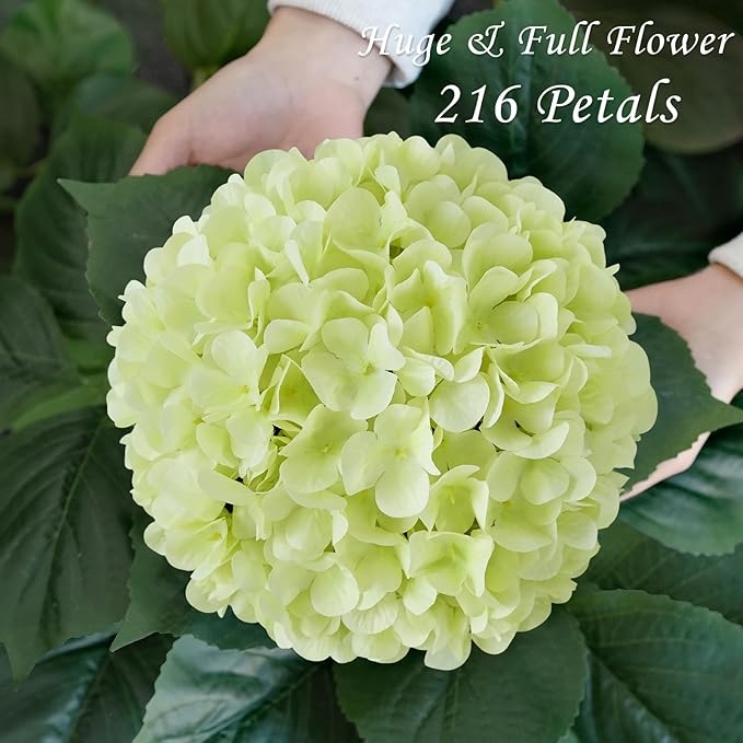 JINWOE Light Green Hydrangea Artificial Flowers, 4Pcs 22" Large Lifelike Faux Silk Flowers, Full Artificial Hydrangeas for Bouquet Table Centerpieces Indoor Spring Outdoor Home