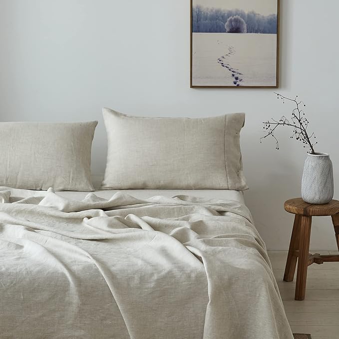 Simple&Opulence 100% Linen Pillowcase with Hand Drawing Hemstitch Pillow Cover Queen Size Set of 2 Soft and Durable (Linen, 20''x30'')