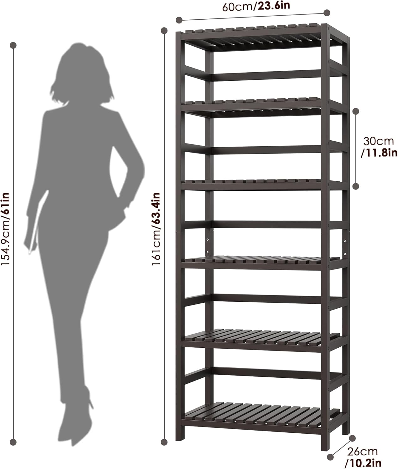FOTOSOK 6-Tier Bamboo Shelf Set of 2, Bamboo Bookcase with Adjustable Shelves, Free Standing Storage Shelf Unit and Plant Flower Stand, Tall Large Bookshelf for Kitchen, Bathroom, Home Office, Vintage