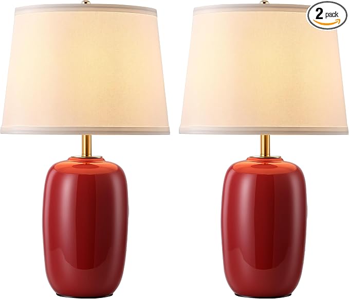 PUSU 22 Inch Red Ceramic Table Lamps Set of 2, Fabric Lampshade Living Room Office Desk lamp, E26 Socket Rotary Switch Lighting for Bedroom, Nightstand, Reading, Office, Study, Corner, Home Decor