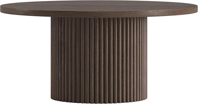 Henn&Hart 32" Fluted Round Pedestal Low-Profile Coffee Table for Living Room, Family Room, Office, or Apartment, Heritage Oak
