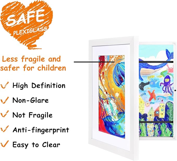 KINLINK A4 Kids Art Frame Set of 2, Solid Wood Kids Artwork Frames Changeable with Front Opening hold 150 Pictures, Art Frames for Kids Art with Mat，without Mat A4 Picture Frame White