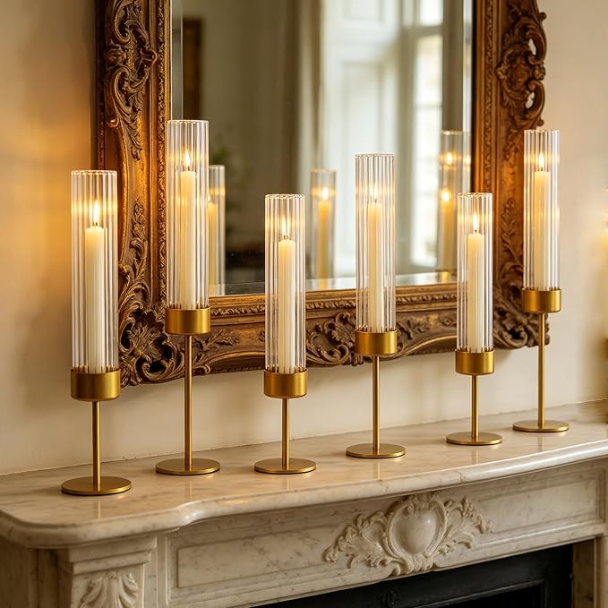 Etolies Gold Glass Hurricane Taper Candle Holders Bulk Set of 6 - Tall Ribbed Glass Cylinder Candlestick Holders for Wedding, Christmas, Party Table Centerpiece Decor,Dining Table,Housewarming Gifts