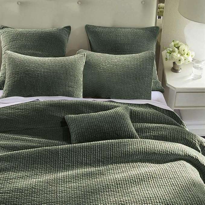 HiEnd Accents Stonewashed Velvet Quilted Euro Sham, 27x27 inch, Fern Green Solid Color, Classic Traditional Rustic Style Luxury Bedding