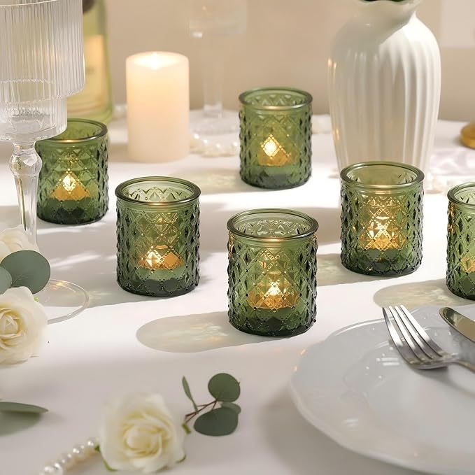20 Pack Green Votive Candle Holders, Green Glass Candle Holder for Wedding Table Centerpiece, Glass Tea Lights Candle Holders for Baby Shower, Vintage Glass Candle Holders for Party Home Decor
