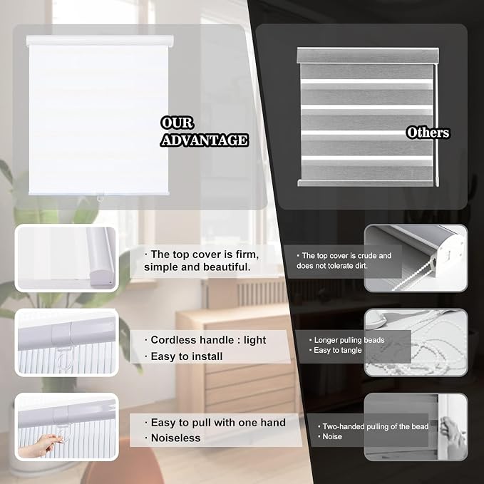AOSKY Zebra Blinds for Windows Cordless Roller Shades for Home Free-Stop Windows Shades Dual Layer Light Control for Day and Night Easy to Install (44" W X 72" H, White)