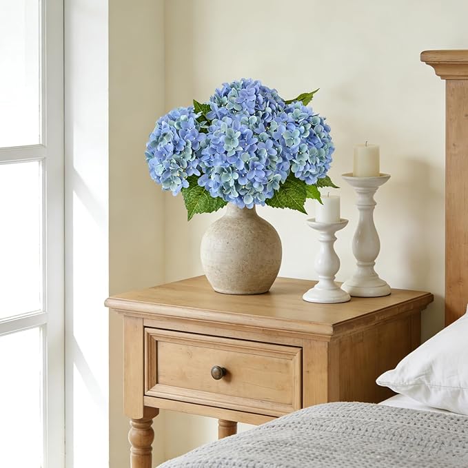 ZYTUYO 20 inches 4 Pcs Blue Green Real Touch Hydrangea Artificial Flowers Boho Lifelike Real Looking Latex Hydrangeas Flower with Long Stem for Home Decor Spring Table Centrepiece