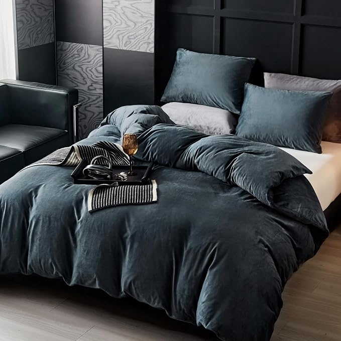WARMDERN Dark Grey Flanne Velvet Duvet Cover Queen Sizel Duvet Cover Bedding Sets, 3pcs Ultra Soft Luxury Textured Modern Crystal Velvet Duvet Covers with Zipper Closure(Dark Grey, Queen)