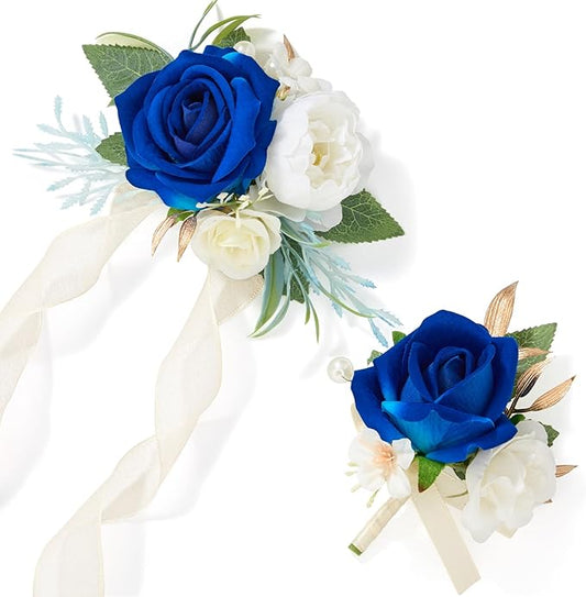 Alecono Navy Blue Corsage and Boutonniere Set, Rose Corsage Wristlet with Adjustable Ribbon and Boutonniere Supplies for Wedding Graduation Prom Flower Accessories Suit Decorations