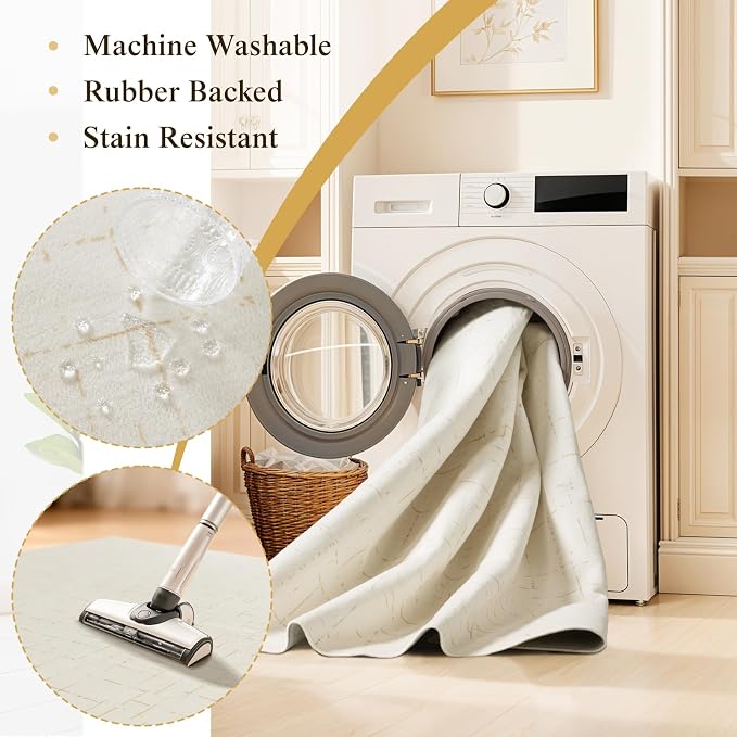 LIANLAM Washable Rug Area Rugs for Living Room - Stain Resistant Non-Slip Backing Boho Rug for Bedroom,Durable & Ultra-Thin Vintage Large Area Rug(9' x 12',White)