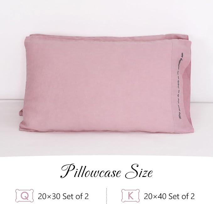 Linen Pillow Cases with Embroidery Design,20"x40" King Size Set of 2,100% French Flax Soft Handmade Linen Pillowcases,Pink Lavender Embroidery