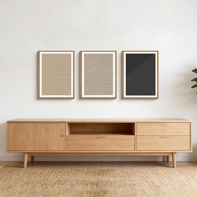 HPNIUB Abstract Neutral Framed Wall Art Set,Mid Century Modern Wall Decor,Boho Geometric Line Art Print,Beige Minimalist Textured Artwork for Living Room, Bedroom,Office-12 x16 x3