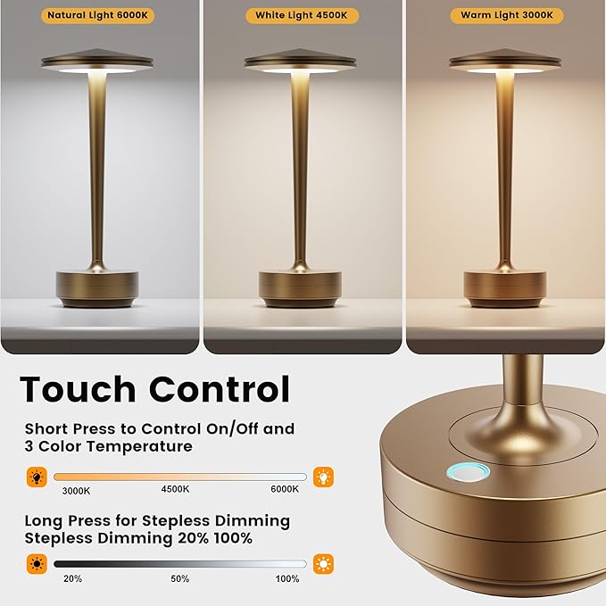 Cordless Rechargeable LED Table Lamp Set of 2 Bronze | Battery 6000mAh 3 Color Modes&Stepless Dimming Waterproof Metal for Patio,Restaurant Bedroom Dining