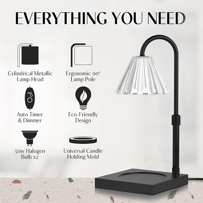 Candle Warmer Lamp with Timer and Dimmer & Includes 2 Bulbs, Electric Wax Candle Lamp Warmer for Jar Candles, Home Decor Aesthetic, and House Warming Gifts - Black Glass