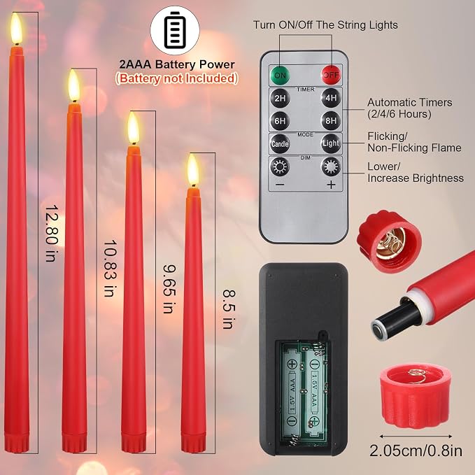 Rossesay 28 Pcs Flameless Taper Candles with Timer Remote 4 Sizes of 8.5", 9.6", 10.83", 12.8" LED Flickering Taper Candles Battery Operated for Valentine's Day Church Wedding Home Decor(Red)
