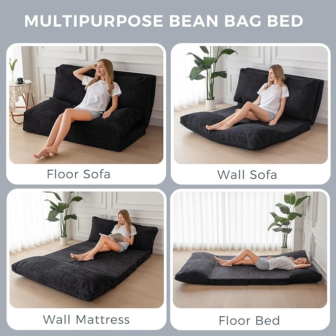 MAXYOYO Folding Sofa Bed, Extra Thick and Long Floor Sofa Convertible Chair with Washable Cover, Floor Couch Lounge Bean Bag Bed for Living Room, Black, 30"x91"