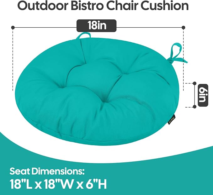 idee-home Outdoor Bistro Chair Cushions Set of 2, Round Seat Cushions | 18”x18”x 6” Thick Outdoor Round Seat Pads Tufted with Ties, Waterproof Patio Furniture Pads for Garden