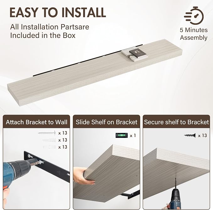 Acovy 72 Inch Floating Shelves, 12" Deep Floating Shelf Wall Mounted, 72" Wall Shelves, Rustic Deep Bookshelf, Extra Deeper & Thicker Display Shelves for Bedroom, Living Room, Gray, Set of 1