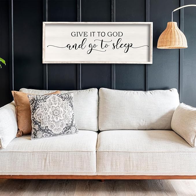 Give It To God And Go To Sleep Sign Wall Decor 40"X15" Master Bedroom Above Bed Large Farmhouse Wall Decor Wood Rustic Framed Over Bed Wall Art Hanging Decoration (White)