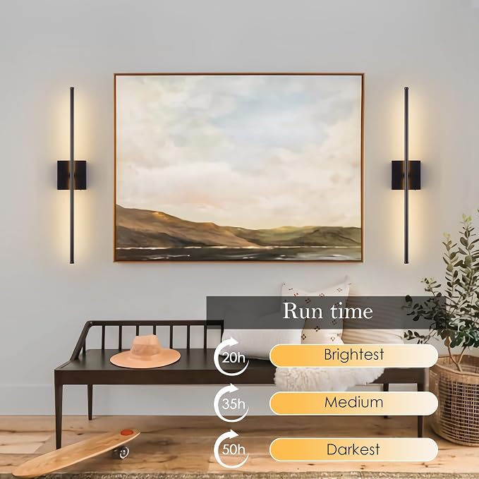 KARTOOSH 32.2 Inch Wall Sconces Battery Operated for Living Room Black | Rechargeable Wireless Wall Lamp Set of 2, 3000K Warm White Dimmable Wall Light Remote Control Indoor Lighting for Bedroom