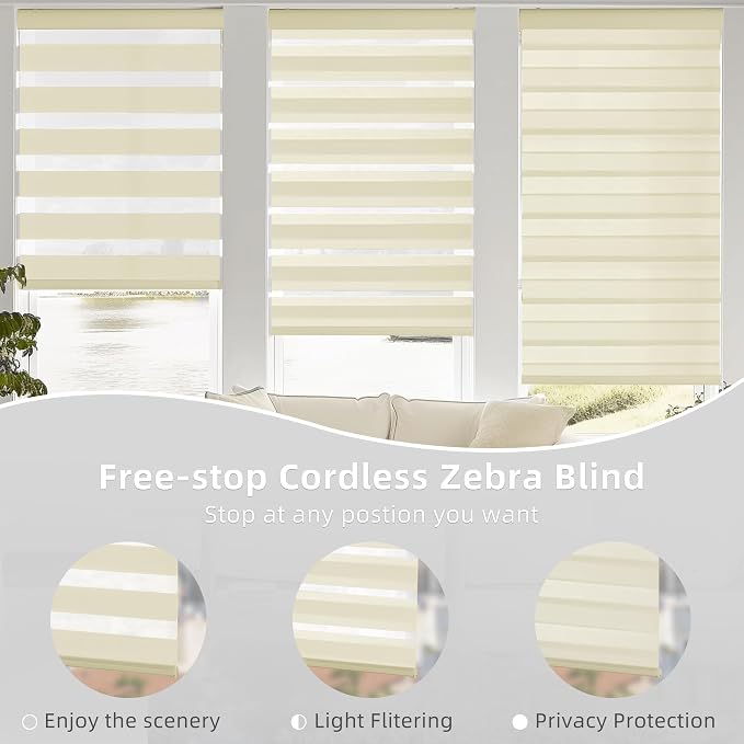 ChrisDowa Cordless Zebra Blinds for Windows, Dual Layer Free-Stop Light Filtering Window Roller Shades, Pull Down Privacy Zebra Shades for Home, Office, Bedroom, Door (42" W x 72" H, Beige)