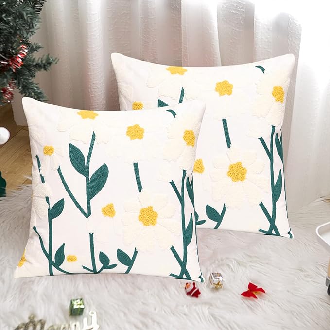 Set of 2 Embroidered Decorative Throw Pillow Covers Couch Square Pillowcases Cushion for Bedroom Sofa Farmhouse Decor 18x18 Inch (Spring Flower)